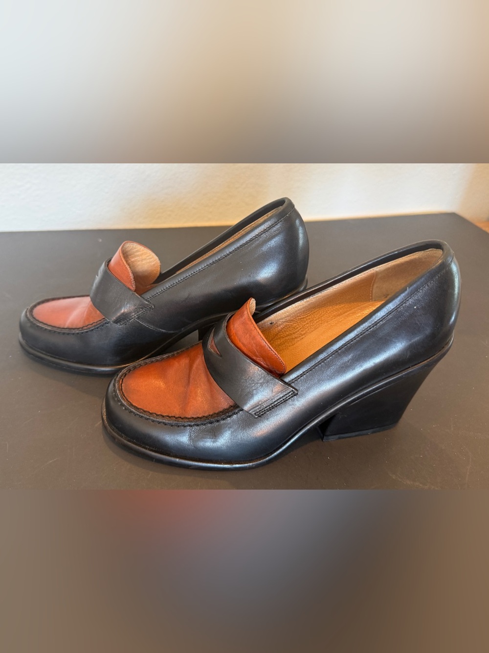 Norma Kamali Women’s Leather Loafer Black Brown Wedge Heels Size 6 Italy